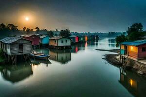 coloré Maisons sur échasses dans le l'eau à le coucher du soleil. généré par ai photo