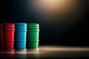 Trois coloré Plastique tasses sur une tableau. généré par ai photo