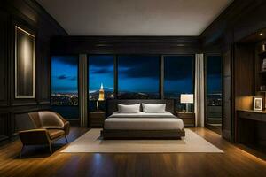 une chambre avec une vue de le ville à nuit. généré par ai photo