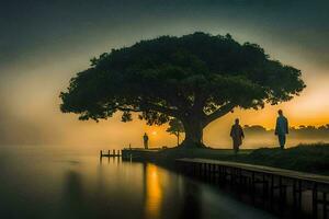 photo fond d'écran le ciel, des arbres, eau, personnes, le matin, le arbre, le lac. généré par ai