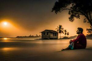 une homme séance sur le plage à le coucher du soleil. généré par ai photo