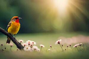 une oiseau est assis sur une branche dans une champ avec fleurs. généré par ai photo