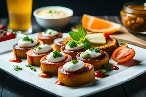 une assiette de apéritifs avec fromage, tomates et autre ingrédients. généré par ai photo