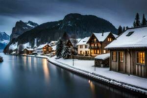 une rivière et Maisons dans le neige. généré par ai photo