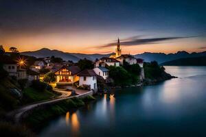 une village est assis sur le rive de une Lac à le coucher du soleil. généré par ai photo