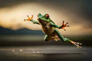 une grenouille sauter dans le air avec ses bras tendu. généré par ai photo