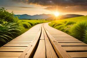 en bois chemin dans le le coucher du soleil. généré par ai photo