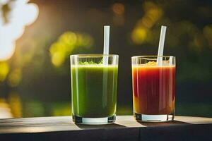 deux des lunettes de jus avec pailles sur une en bois tableau. généré par ai photo