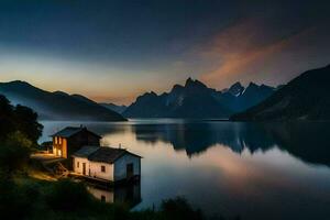 une petit maison est assis sur le rive de une Lac à le coucher du soleil. généré par ai photo