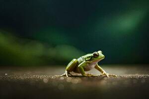 une grenouille est séance sur le sol dans de face de une vert Contexte. généré par ai photo