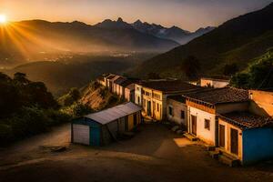 le Soleil monte plus de une village dans le montagnes. généré par ai photo