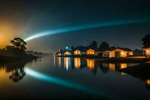 une rivière à nuit avec Maisons et une lumière faisceau. généré par ai photo