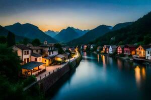 une rivière court par une ville à crépuscule. généré par ai photo