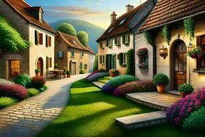 une La peinture de une village rue avec fleurs et Maisons. généré par ai photo