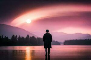 une homme dans une chapeau des stands dans de face de une Lac à le coucher du soleil. généré par ai photo