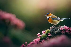 une petit oiseau est perché sur une branche avec rose fleurs. généré par ai photo