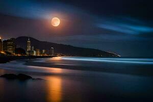 le lune monte plus de le océan et ville ligne d'horizon. généré par ai photo