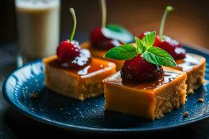 une assiette avec carrés de cheesecake et cerises. généré par ai photo