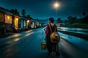 une femme des promenades vers le bas une route à nuit avec une seau et une panier. généré par ai photo