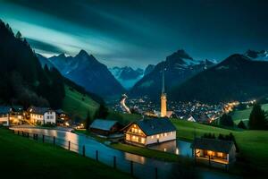 une ville dans le montagnes à nuit. généré par ai photo