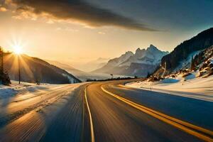 une route dans le montagnes avec le Soleil paramètre. généré par ai photo