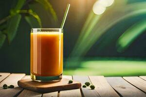 une verre de Orange jus sur une en bois tableau. généré par ai photo