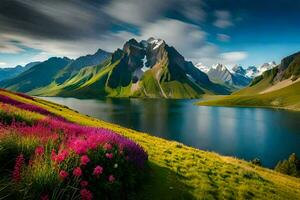 le montagnes sont couvert avec fleurs et le Lac est entouré par violet fleurs. généré par ai photo