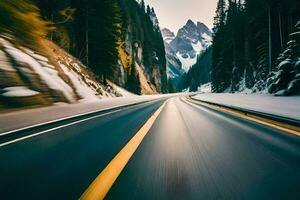 une neigeux Montagne route avec une voiture conduite vers le bas il. généré par ai photo