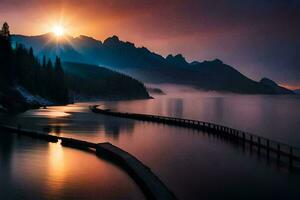 une magnifique le coucher du soleil plus de une Lac et montagnes. généré par ai photo