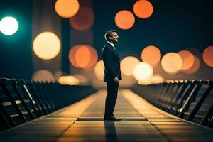 une homme dans une costume des stands sur une pont à nuit. généré par ai photo