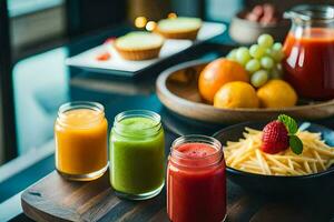 une table avec fruit et jus sur il. généré par ai photo