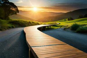 une en bois passerelle pistes à le le coucher du soleil dans une champ. généré par ai photo