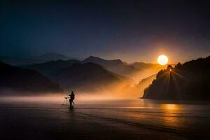 une homme est permanent sur le rive de une Lac à le coucher du soleil. généré par ai photo