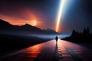 une homme en marchant vers le bas une longue route avec une brillant lumière à venir de le ciel. généré par ai photo