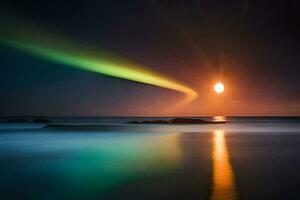 une brillant vert et Jaune aurore borealis plus de le océan. généré par ai photo