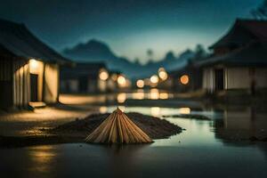 une petit parapluie est séance dans le l'eau à nuit. généré par ai photo