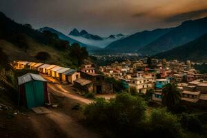 une village dans le montagnes à crépuscule. généré par ai photo