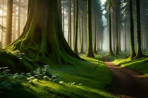 une chemin par une forêt avec des arbres et herbe. généré par ai photo