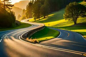 une enroulement route dans le montagnes avec le Soleil brillant. généré par ai photo