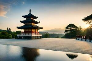 une pagode est assis dans le milieu de une lac. généré par ai photo
