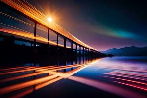 une pont plus de l'eau à nuit avec lumières. généré par ai photo