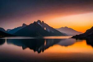 une magnifique le coucher du soleil plus de une Lac avec montagnes dans le Contexte. généré par ai photo