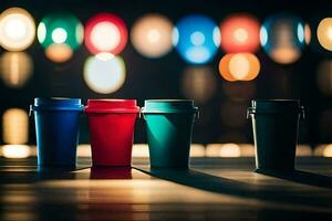 Trois coloré tasses sur une table avec lumières dans le Contexte. généré par ai photo