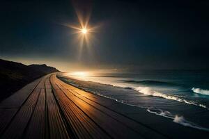 une longue en bois promenade pistes à le océan à le coucher du soleil. généré par ai photo