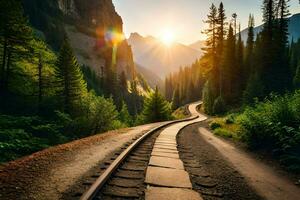 chemin de fer des pistes dans le montagnes à le coucher du soleil. généré par ai photo