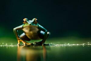 une grenouille séance sur le bord de une étang. généré par ai photo