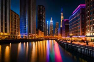 le Chicago rivière à nuit. généré par ai photo