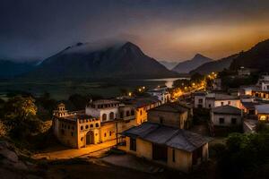 une village dans le montagnes à crépuscule. généré par ai photo