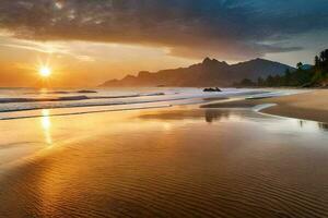 le Soleil ensembles plus de une plage et montagnes. généré par ai photo