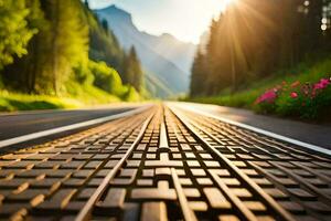 une chemin de fer Piste dans le montagnes avec le Soleil brillant. généré par ai photo